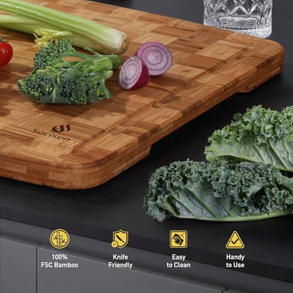 Extra Large Bamboo Wooden Cutting Board Wood Cutting Boards for Kitchen | Heavy Duty, End Grain, Non Toxic, Non Slip, Cutting Board Set, Solid Thick, Juice Groove, Butcher Block, Best Kitchen Gift - size: 23.5"L x 18"W