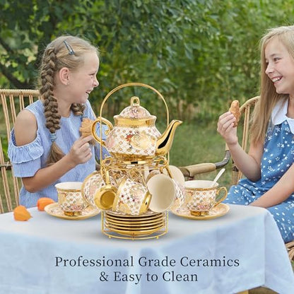 20 Pieces Porcelain Tea Set With Metal Holder, European Ceramic tea set for adults,Flower Tea Set,Tea Set For Women With Flower Painting - color: Golden