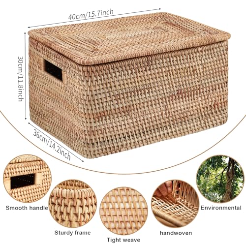 Rattan Basket with Lid, 15.75"×14.17"×11.81", Handwoven Storage | Handwoven from natural rattan | Durable & sturdy lid | Stackable design | Ages beautifully over time - size: 15.75"×14.17"×11.81"