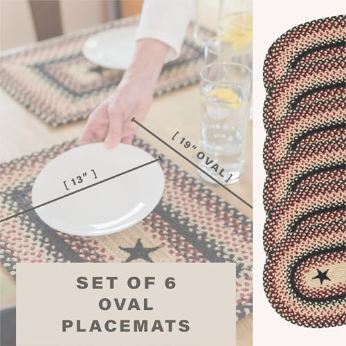 Homespice Gloucester Jute Braided Placemats, Oval 13x19 Set of 6 | Black and Red Protects Tabletop in Style, Rich Colors, Reversible, Durable and Easy to Clean - color: Primitive Star Gloucester