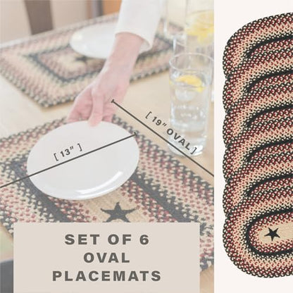 Homespice Gloucester Jute Braided Placemats, Oval 13x19 Set of 6 | Black and Red Protects Tabletop in Style, Rich Colors, Reversible, Durable and Easy to Clean - color: Primitive Star Gloucester