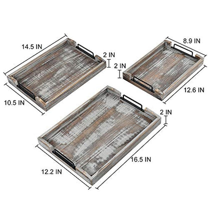 Country Rustic Torched Wood Nesting Breakfast Serving Trays with Handles, Set of 3 (Torched Wood) - color: Torched Wood