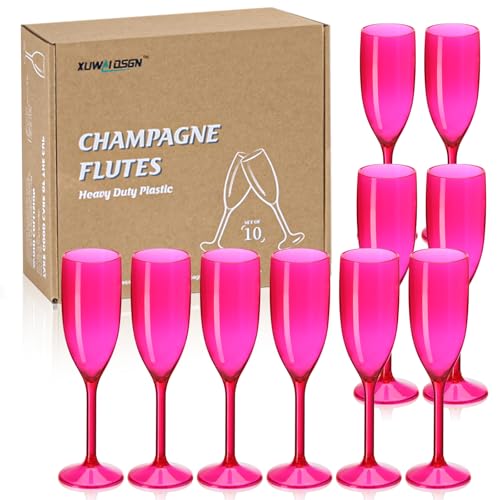 XUWAIDSGN Champagne Flute Acrylic Champagne Glasses Wedding Toasting Champagne Flute Goblet Plastic Reusable Unbreakable Champagne Cups for Bachelorette Wedding Bridal Shower Party (Hot Pink, 10) - color: Hot Pink, size: 10