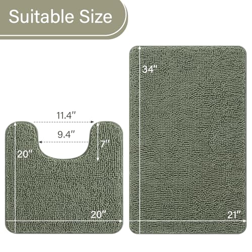 LOCHAS Bathroom Rugs Sets 2 Piece, 20''x20'' & 34''x21'', Sage Green | Non Slip U-Shaped Toilet Rug, Chenille Washable Absorbent, Soft Bath Mat Set for Shower, Sink - color: Sage Green