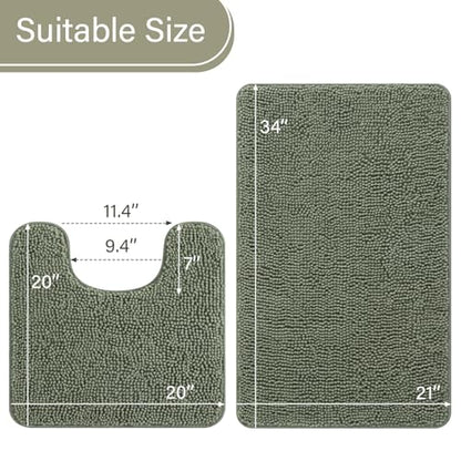 LOCHAS Bathroom Rugs Sets 2 Piece, 20''x20'' & 34''x21'', Sage Green | Non Slip U-Shaped Toilet Rug, Chenille Washable Absorbent, Soft Bath Mat Set for Shower, Sink - color: Sage Green