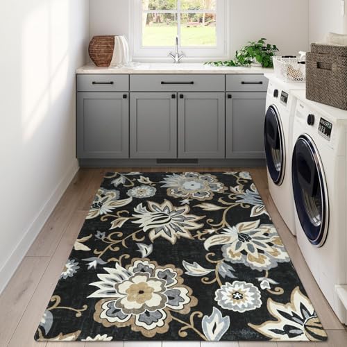 Lahome Floral Black Washable Area Rug 4x6, Non-Slip Ultra-Thin Soft Accent Stain Resistant Indoor Area Rug, Paisley Print Carpet for Bedroom, Living Room, Entryway, Kitchen, Laundry | Non-Slip Ultra-Thin Soft Stain Resistant Indoor Area Rug for Bedroom Li