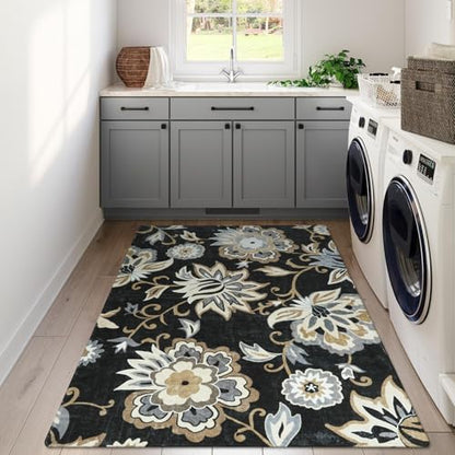 Lahome Floral Black Washable Area Rug 4x6, Non-Slip Ultra-Thin Soft Accent Stain Resistant Indoor Area Rug, Paisley Print Carpet for Bedroom, Living Room, Entryway, Kitchen, Laundry | Non-Slip Ultra-Thin Soft Stain Resistant Indoor Area Rug for Bedroom Li