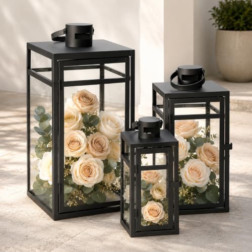 NEEDOMO Stainless Lanterns Decorative Outdoor & Indoor, Set of 3 Outdoor Lanterns for Porch, 22"/ 17"/14" Candle Lantern,Stainless with Glass, Water-Proof Farmhouse, Patio, Pathway, Christmas - color: Black