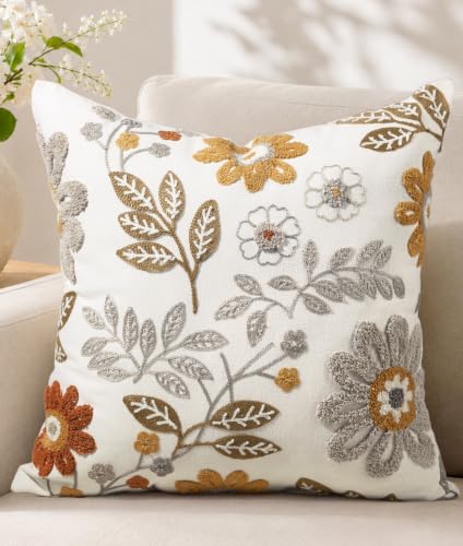 Embroidered Floral Throw Pillow Cover 18x18 Inch, Elegant Flower | Decorative Pillow Cover, Modern Floral Cushion Case with Hidden Zipper, Farmhouse Decor for Couch, Sofa, Living Room, Bedroom - color: Amber Blooms