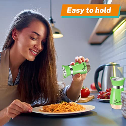 Salt and Pepper Shakers - 4 oz Green Glass Set with Stainless Steel Lids | Refillable Glass Shakers with Stainless Steel Lids Suit Cooking, Dining, RV Trips, Camping and BBQs; 4 oz Capacity Each. - color: Green