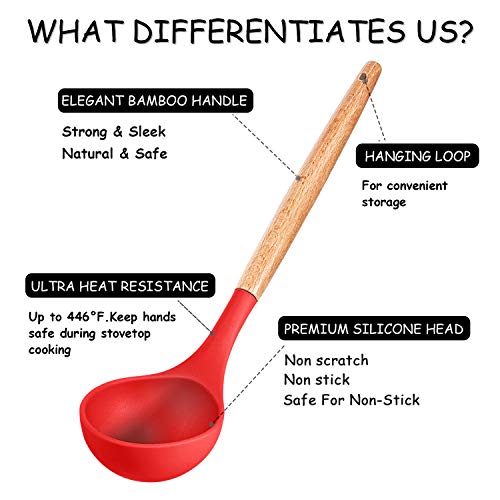 MIBOTE Silicone Cooking Kitchen Utensils Set, Wooden Handle, Red | BPA-Free, Non-Toxic Silicone Turner, Tongs, Spatula, Spoon Set – Great for Nonstick Cookware, Heat-Resistant, Easy Clean - color: Red