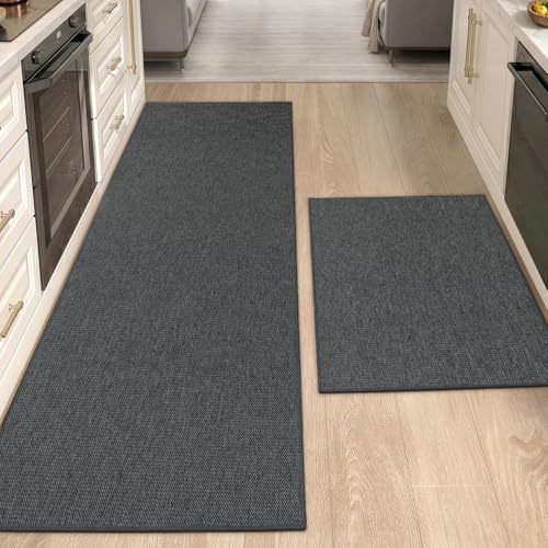 Color&Geometry Kitchen Rugs 2PCS-23x35+23x82 Non-Slip Rubber Backed,Grey | 0.15in Low Pile Dirt Resistant Kitchen Mat Fit Under Door, Absorbent, Washable Mat For Large Kitchen/Busy Homes - color: Dark Tone-grey, size: 23"X35"+23"X82"
