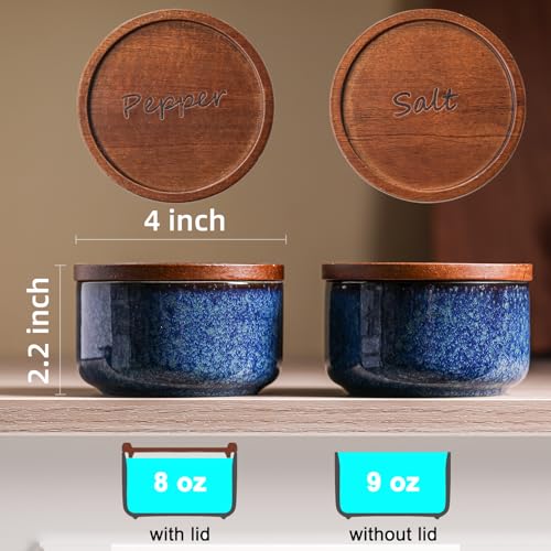 Ceramic Salt and Pepper Bowls: 9 oz Stackable Spice Cellars with Wooden Lids - Stacked Seasoning Storage Containers for Countertop Stovetop - Blue