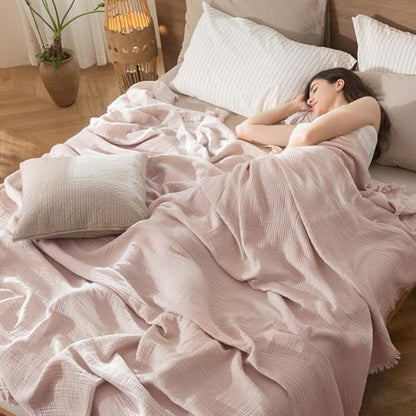 MooMee 100% Cotton Muslin Blanket Fringed 4-Layer Gauze Bed Throw, Queen | Soft Breathable Lightweight Thin Coverlet Summer Blankets for Adults, Bed & Couch All Seasons, Greyish Pink, 90" x 90" - color: Greyish Pink, size: Queen