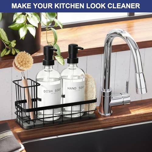 Dish Soap Dispenser for Kitchen, 16.9 fl oz Clear Hand and Dish Soap Dispensers, Kitchen Soap Dispenser Set with Sponge Holder, Brush Holder and Loofah Sponge, Countertop Sink Organizer Accessories - color: Clear