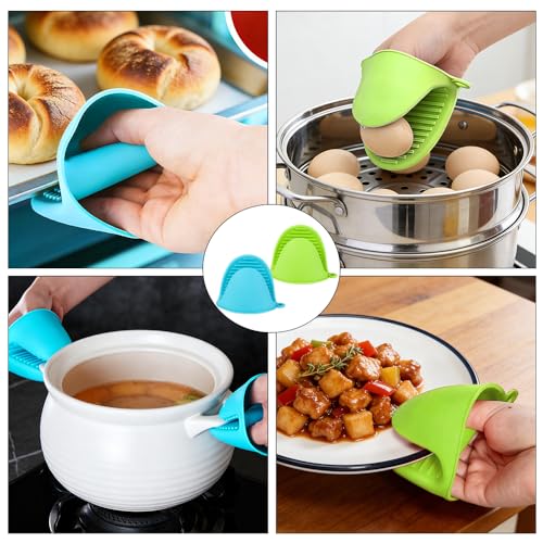 4 PCS Silicone Oven Mitts Heat Resistant Mini Oven Gloves for Kitchen Rubber Air Fryer Mitts Oven Accessories Finger Cooking Pinch Mitts Pot Holders for Kitchen Cooking Baking Dishwasher, Blue & Green - color: Blue+green