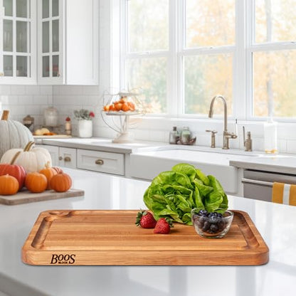 John Boos Prestige Series Rectangular Wooden Maple Cutting Board 22”x16” – 1.25” Thick, 13-lb Reversible Butcher Block with Juice Groove, Edge-Grain & Finger Grip Hole – Made in the USA - size: 22"L x 16"W