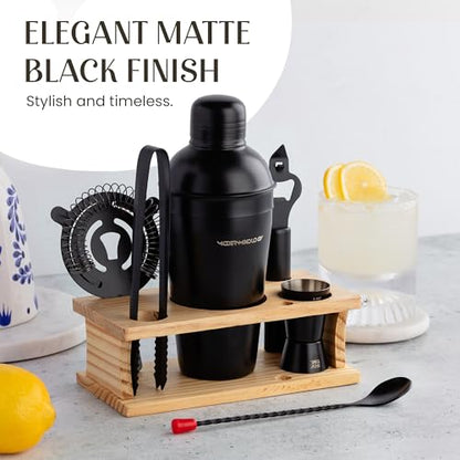 Cocktail Shaker Set - 8 Piece Bartender Kit on Quality Pine Stand | Complete Cocktail Kit Gift Set | Top Bartender Gifts for Men | Leak Proof Design (Black) - color: Black / Light Stand, size: 8 Pieces