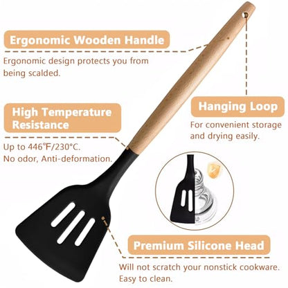 Silicone Cooking Utensils Set of 5, Heat Resistant Silicone Kitchen Utensils Set with Wooden Handle, BPA Free Spatula Spoon Turner Ladle Cooking Kitchen Gadgets for Nonstick Cookware & Baking - color: Black, size: Standard 5-Piece Set