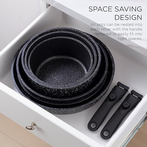 Country Kitchen Cookware Set with Removable Handle, Oven & RV Safe Pots and Pans Set, Black, Deluxe Larger Set - color: Black, size: Larger