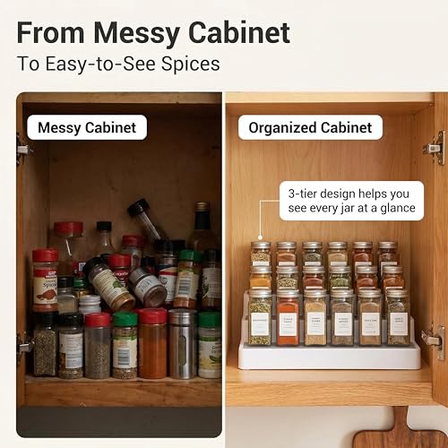 YAN & HIN 3 Tier Spice Rack Organizer for Cabinet, 3 Pack Non-Slip Spice Rack Shelf Organizer, Holds 24+ Jars, Plastic Spice Organizer for Cabinet, Pantry & Kitchen Countertop, White