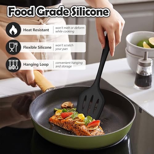 LIANYU 14 Pcs Silicone Kitchen Utensils Set with Holder, Black | 446°F Heat Resistant Silicone Cooking Utensils Spatula Set, Non-Stick & Dishwasher Safe Cooking Tools, Comfort Grip Handle - color: Black