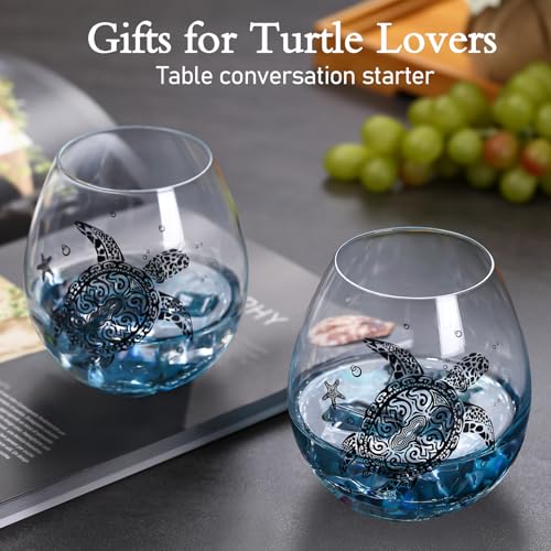 Physkoa Sea Turtle Gifts for Women-13.5oz Sea Turtle Wine Glasses set of 2 - Crackle teal design turtle wine glasses-Hand blown Stemless Wine Glass - turtle lovers Gifts for Birthday，Mothers Day - color: Bluck（2 Count）