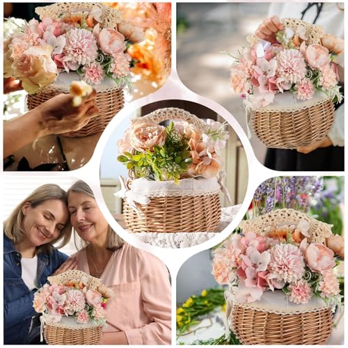 Weysat 2 Pcs Small Flower Girl Basket with Handle, Fabric Liner, Wicker Rattan Flower Basket Set, Rustic, Cute, Hand Woven for Wedding Girl Home Decorations Picnic Garden Candy Sweets Gifts Storage - style: Fabric Liner