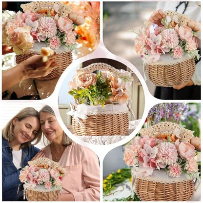 Weysat 2 Pcs Small Flower Girl Basket with Handle, Fabric Liner, Wicker Rattan Flower Basket Set, Rustic, Cute, Hand Woven for Wedding Girl Home Decorations Picnic Garden Candy Sweets Gifts Storage - style: Fabric Liner