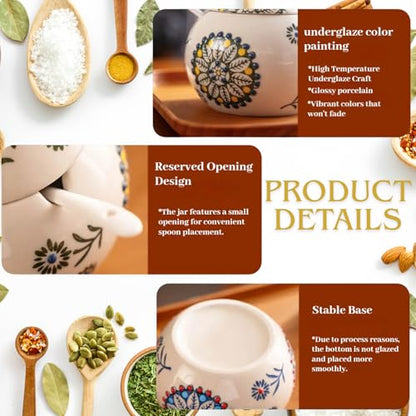 13.5 Oz Salt Cellar With Lid and Spoon (Red)- Ceramic Chicken Spice Jars for Salt, Sugar, Pepper - Spice Containers for Countertop - color: Red