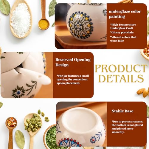 13.5 Oz Salt Cellar With Lid and Spoon (Blue)- Ceramic Chicken Spice Jars for Salt, Sugar, Pepper - Spice Containers for Countertop - color: Blue