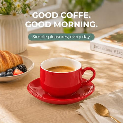 3 Ounce Espresso Cups Set of 4, Red | Stackable Demitasse Mugs, Includes Display Stand, Cups Saucers, and Spoons, for Machines & Home Use - color: Red