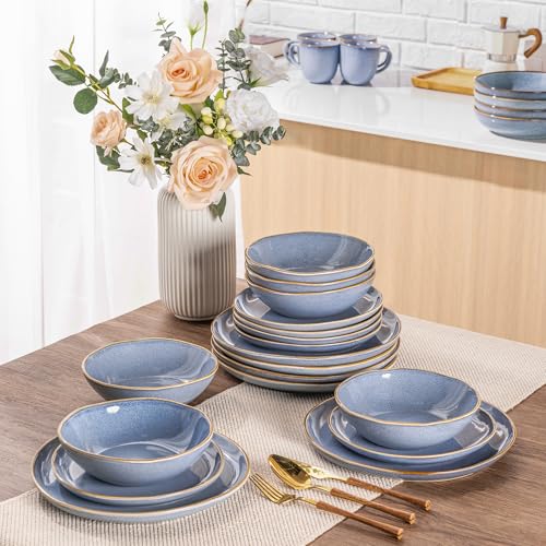 AmorArc Ceramic Dinnerware Sets for 8, 24Pcs Plates and Bowls Sets Dishes | Stoneware Handmade Reactive Glaze Dinner Set, Highly Scratch Resistant | Dishwasher & Microwave Safe Dishware - color: Reactive Blue, size: Service for 8