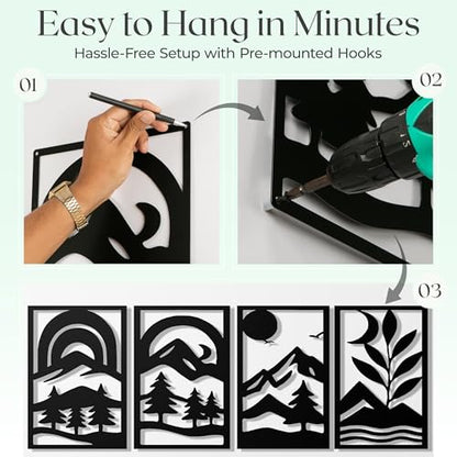 GALLERY GRACE 4-Pc Metal Mountain Landscape Wall Art, Black Wall Decor Set | 11 x 16 In Panels, Mountain, Tree and Sunrise Design, Minimalist Abstract Style, Ready to Hang, for Living Room or Bedroom - style: Abstract Landscape