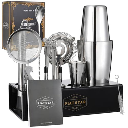 Mixology Bartender Kit with Stand, Home Bar Set Cocktail Shakers Bartending Kit, Bar Tools Boston Shaker Set, Professional Drink Mixing Martini Making Barware with Recipe Book