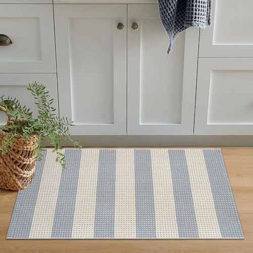 Front Door Mats Outside Entrance 24"x36" Front Porch Rug Outdoor Decor | Machine Washable Indoor Outdoor Rugs Doormat Cotton Woven Entry Rug Striped Small Area Rug for Farmhouse/Home Entrance Decor - color: Muted Blue/Tan/White, size: 2' x 3' (Rectangular
