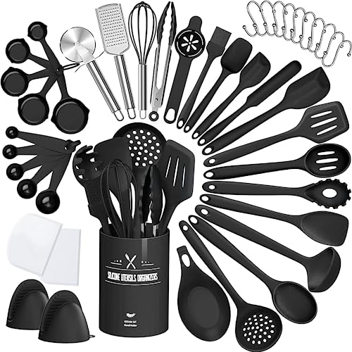 43 Pcs AIKKIL Kitchen Utensils Set, Heat Resistant Silicone Cooking Kitchen Utensils Set with Holder, Spoon, Spatula, Kitchen Gadgets Tools Set For Nonstick Cookware, Dishwasher(BPA Free, Black) - color: Black
