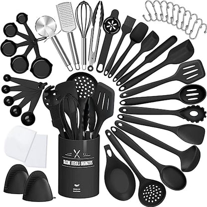 43 Pcs AIKKIL Kitchen Utensils Set, Heat Resistant Silicone Cooking Kitchen Utensils Set with Holder, Spoon, Spatula, Kitchen Gadgets Tools Set For Nonstick Cookware, Dishwasher(BPA Free, Black) - color: Black