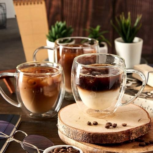 8 oz/250ml Double Walled Glass Coffee Mugs, Clear Coffee Cups and Mugs Set of 4, Cappuccino Latte Macchiato Glasses Cups with Handle, Espresso Mug Cups for Latte, Hot/Cold Drink - size: 8 oz/250ml