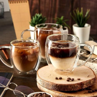 8 oz/250ml Double Walled Glass Coffee Mugs, Clear Coffee Cups and Mugs Set of 4, Cappuccino Latte Macchiato Glasses Cups with Handle, Espresso Mug Cups for Latte, Hot/Cold Drink - size: 8 oz/250ml