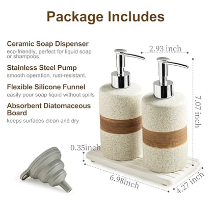 2 Pack Ceramic Soap Dispensers Set, Hand and Dish Soap Dispenser | Shampoo and Conditioner Dispenser Set, for Bathroom and Kitchen | with Stainless Steel Pump, Silicone Funnel and Tray, White - color: White and White, size: 2xSoap Dispenser Set with Tray