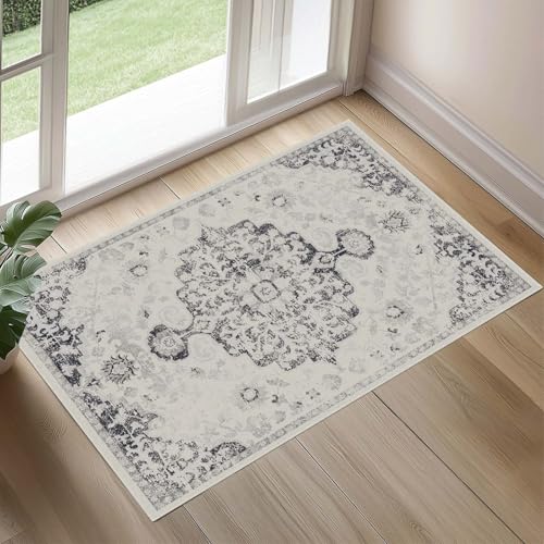 Area Rug 2x3 Washable Rug Door Mat Vintage Distressed Doormat Indoor Entrance Traditional Thin Rug Floral Print Non Slip Carpet for Kitchen Bathroom Bedroom Living Room - color: Black, size: 2' x 3' (Rectangular)