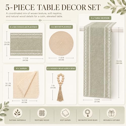Boho Table Runner and Placemats Set of 6, Modern Farmhouse Dining Table Setting Decor with 1pcs Runner, 12pcs Mats, 6pcs Napkins, 6pcs Wood Bead Rings for Kitchen Party