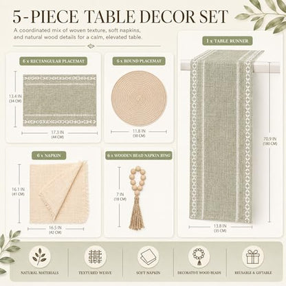 Boho Table Runner and Placemats Set of 6, Modern Farmhouse Dining Table Setting Decor with 1pcs Runner, 12pcs Mats, 6pcs Napkins, 6pcs Wood Bead Rings for Kitchen Party