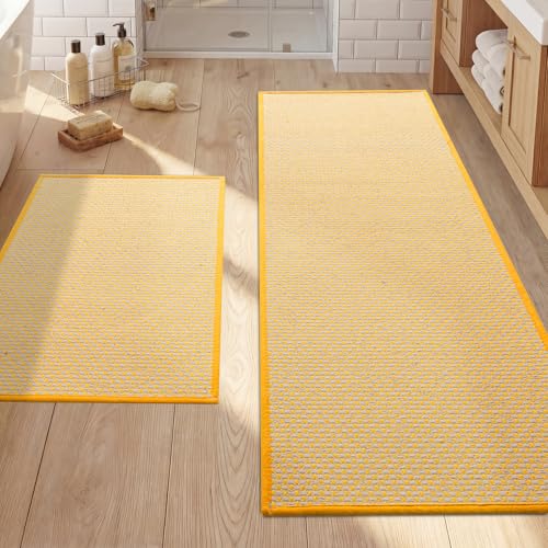Thin Bath Mat Yellow Bathroom Rugs Sets 2 Pieces, Non Slip Absorbent Mats Quick Dry, Woven Rugs Washable, Tapetes para Baño for Bathroom Toilet,Bathtub(17"x24"+17"x47") - color: Yellow, size: 2Pieces(17"x24"+17"x47")