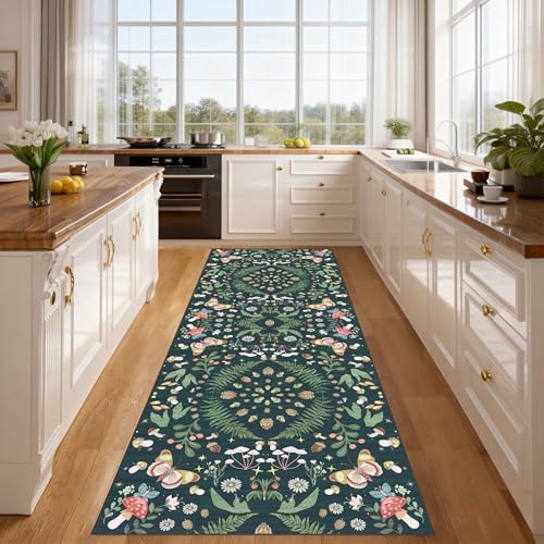 Butterfly Hallway Runner Rug 3x8：Kitchen Rug Washable Runner Lightweight Non Slip Ultra-Thin Stain Resistant Soft Carpet for Bathroom Laundry Room Bedroom（Black Green，3x8） - color: Black Green, size: 3' x 8' (Runner)