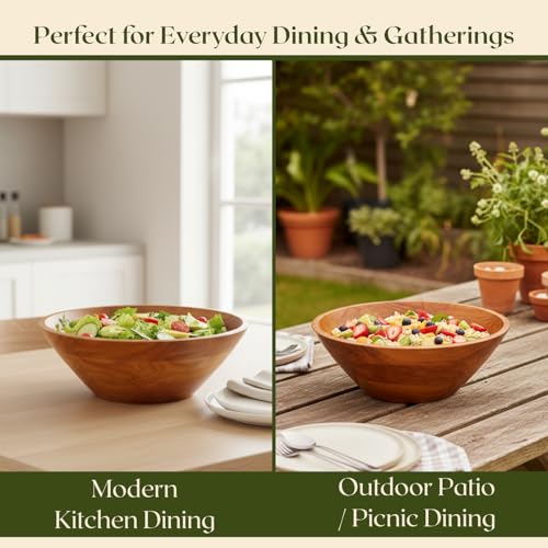 Aurah Salad Bowl, 3.8 Qt Acacia Wood Mixing & Serving Bowl, Medium Size | Kitchen & Outdoor Dining Wooden Bowls for Salad, Pasta and Fruits, 9.7" Diameter x 4.2" Height - size: Medium