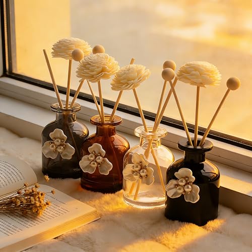 Empty Fragrance Glass Reed Diffuser Bottles 100ml/3.5oz 4 Pack with 12pcs Reed Diffuser Sticks,Refillable,Aromatherapy Storage Containers,DIY Replacement for Reed Diffuser Sets(4 Color)
