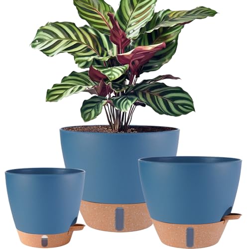 12/10/8 inch Plant Pots, Large Plastic Self Watering Planters | Drainage Holes, Deep Reservoir, Water Level Indicator, Modern Decorative Flower Pots for Indoor Outdoor Plants, Navy Blue - color: Navy Blue, size: 8/10/12 Inch