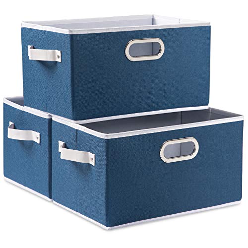 Fodable Storage Bins for Closet [3-pack] Decorative Fabric Storage Baskets Cubes with Leather/Metal Handles for Shelves Bedroom Living Room Royal Blue (11.5x8.5x6.7 Inch) - color: Royal Blue, size: Medium(3-Pack)